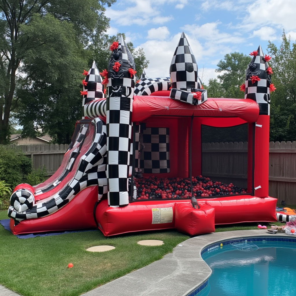 Deluxe Checkered Castle Bounce House with Slide and Ball Pit