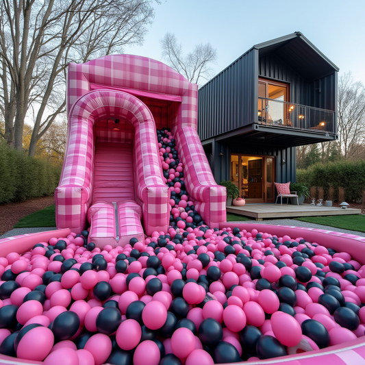 Pink Plaid Obstacle Bounce House with Slide and Ball Pit