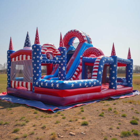 American-Themed 100ft Inflatable Obstacle Course with Ball Pit and Slide