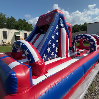 American-Themed 100ft Inflatable Obstacle Course with Ball Pit and Slide