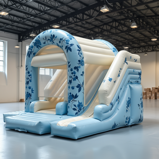 Blue Floral Bouncy Castle with Slide