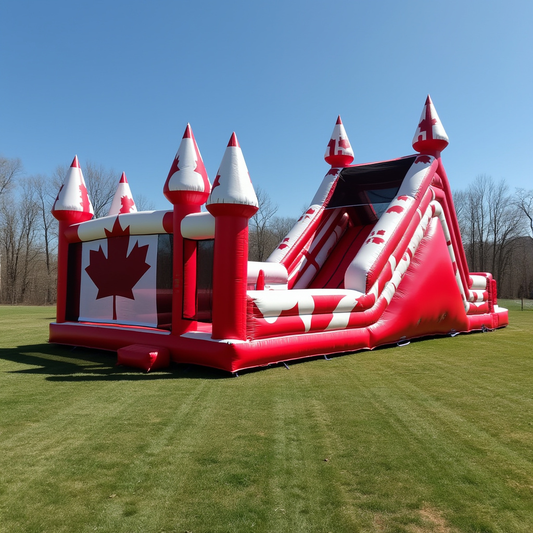 Canadian Flag-Themed 100ft Inflatable Obstacle Course with Ball Pit and Slide