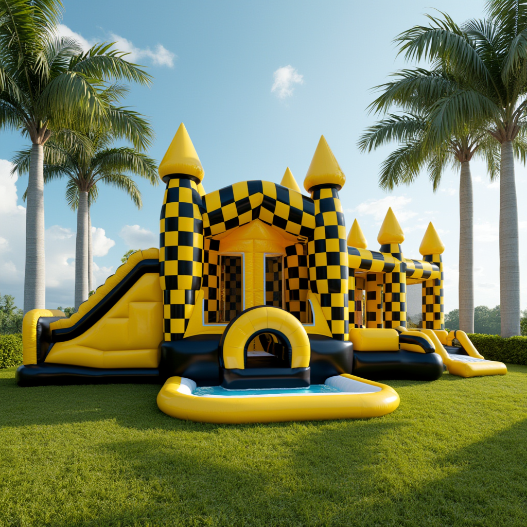 Yellow and Black Checkered Castle Bounce House with Slides