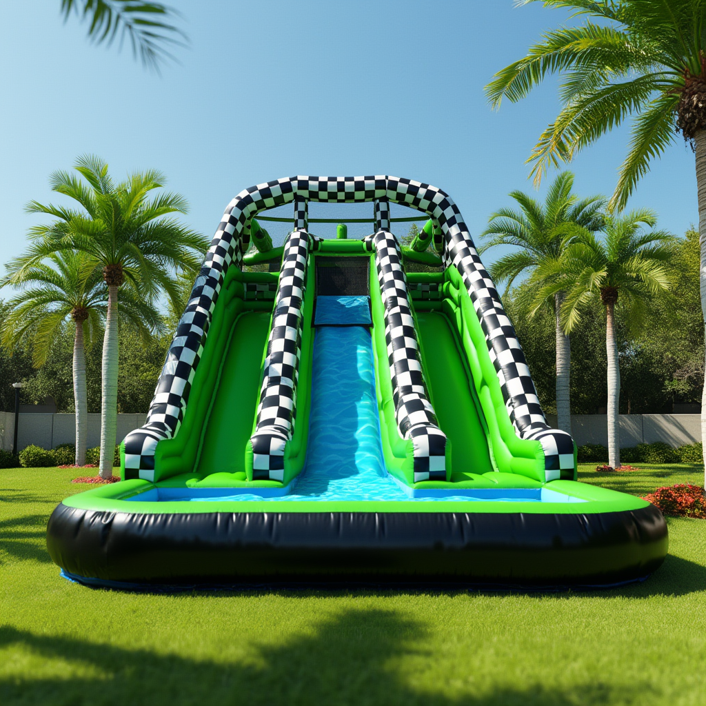 Green Racing-Themed Dual Lane Water Slide