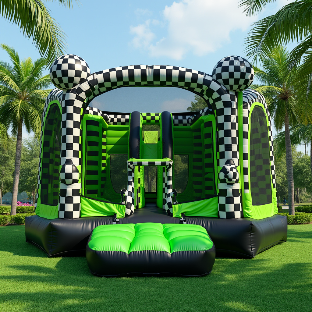 Green and Checkered Racing-Themed Bounce House with Slide