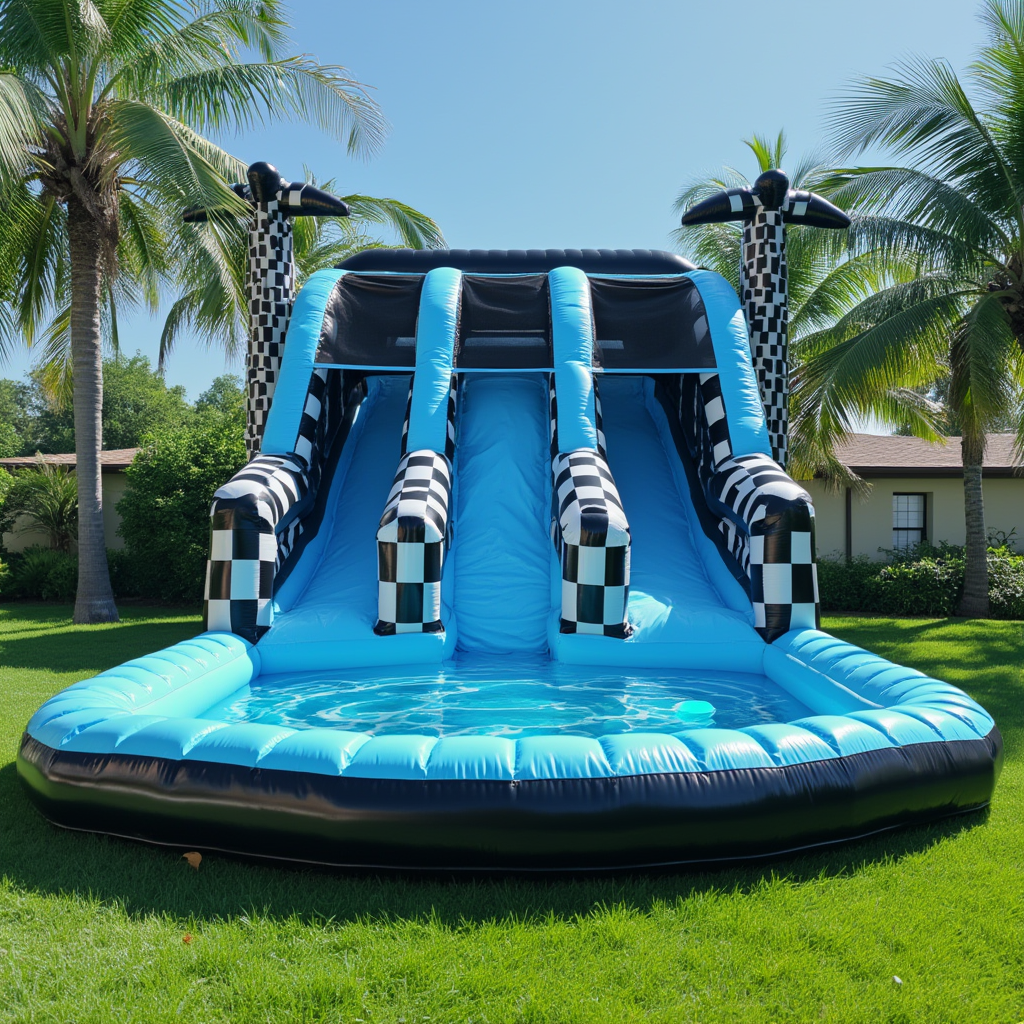 Blue & Black Checkered Dual Slide Water Bounce Castle