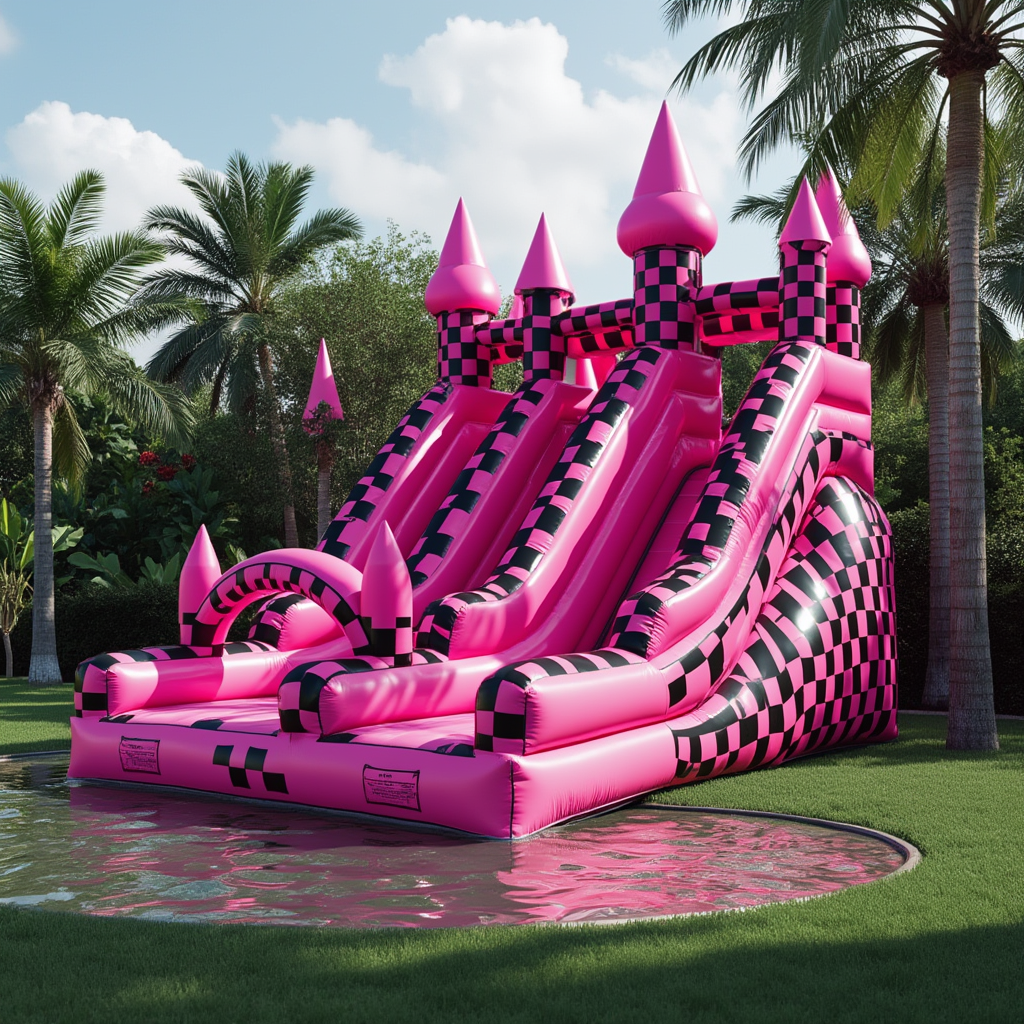 Pink & Black Checkered Dual Slide Bounce Castle