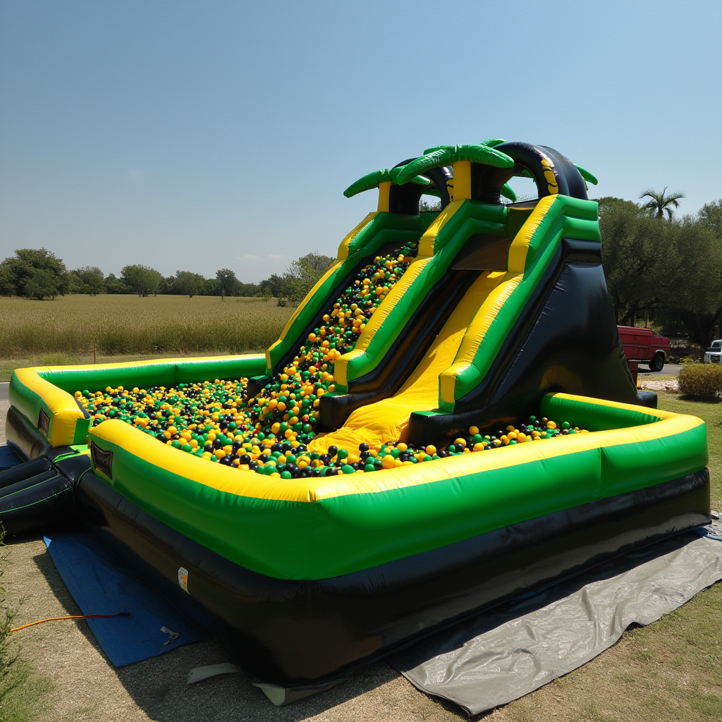 Jamaican-Themed Inflatable Ball Pit With Double Slide