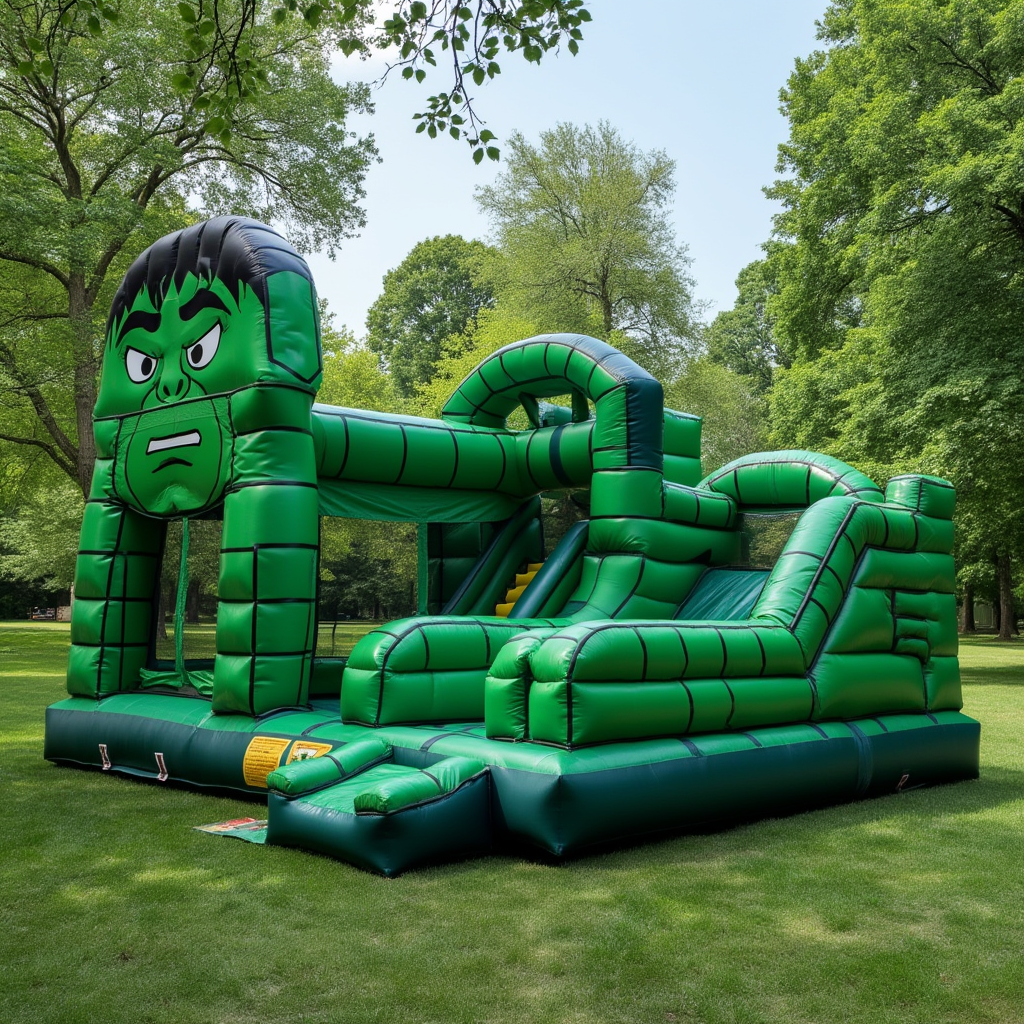 Green Superhero-Themed Inflatable Obstacle Course