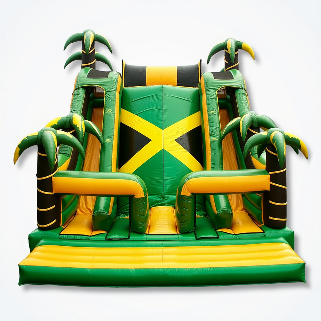 Jamaican Flag-Themed 100ft Inflatable Obstacle Course with Ball Pit and Slide