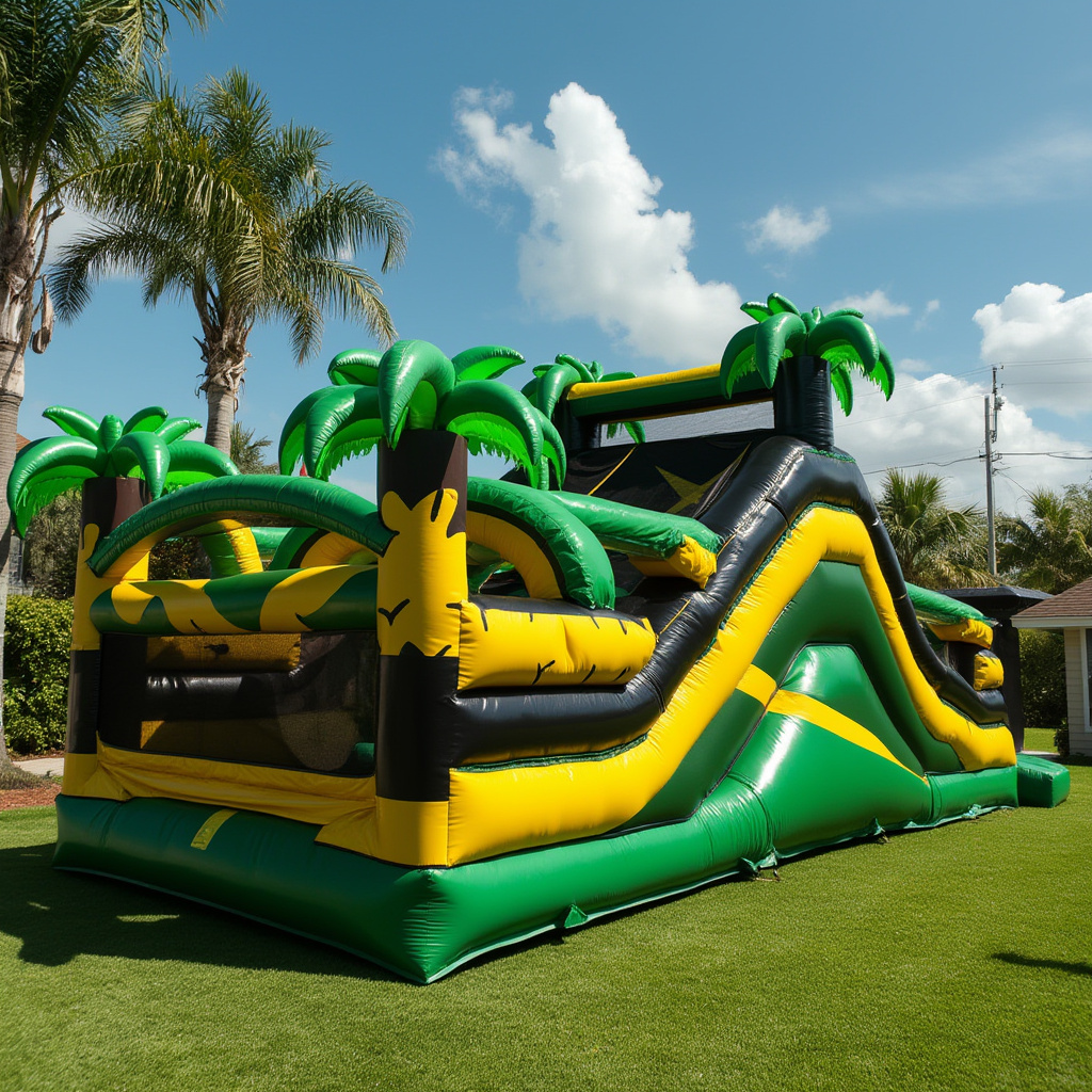 Jamaican Flag-Themed 100ft Inflatable Obstacle Course with Ball Pit and Slide