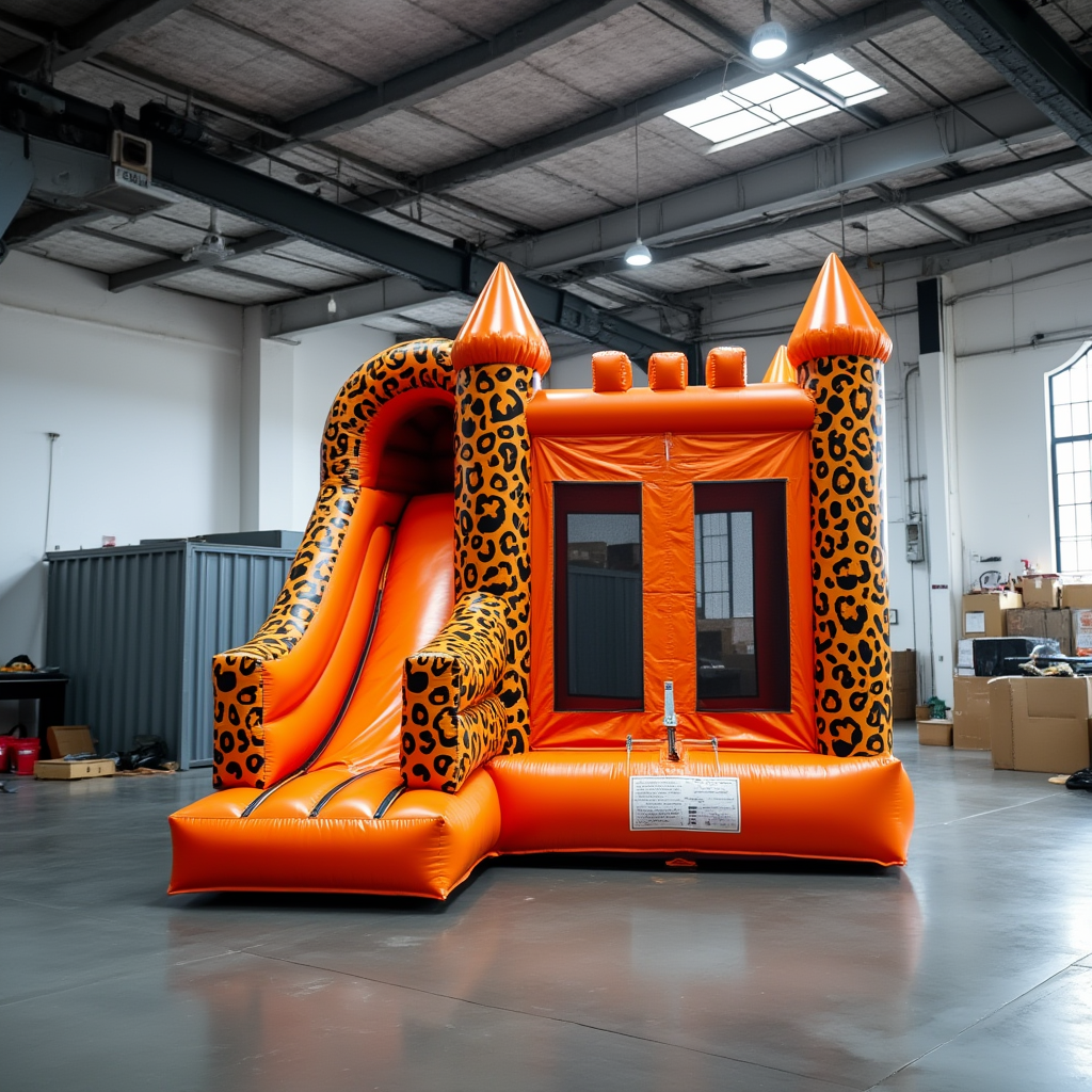 Orange Leopard Print Bouncy Castle with Slide