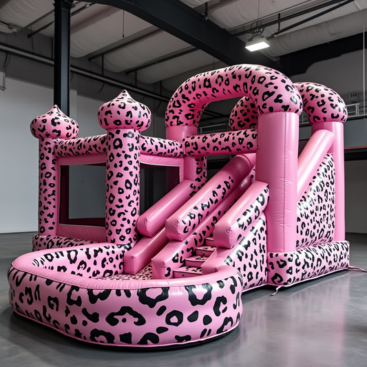 Pink Leopard Print Bouncy Castle with Slide and Ball Pit